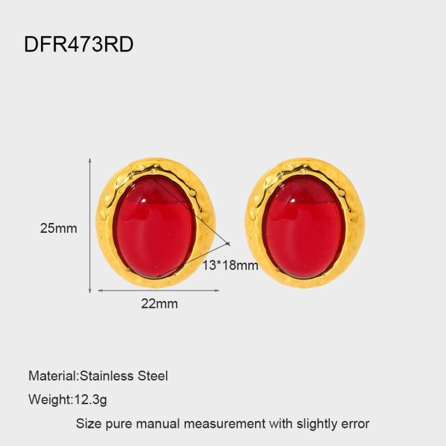 18KG oval shape natural stone inlaid stainless steel earrings