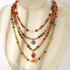 Boho colorful natrual stone bead stainless steel bracelet necklace set