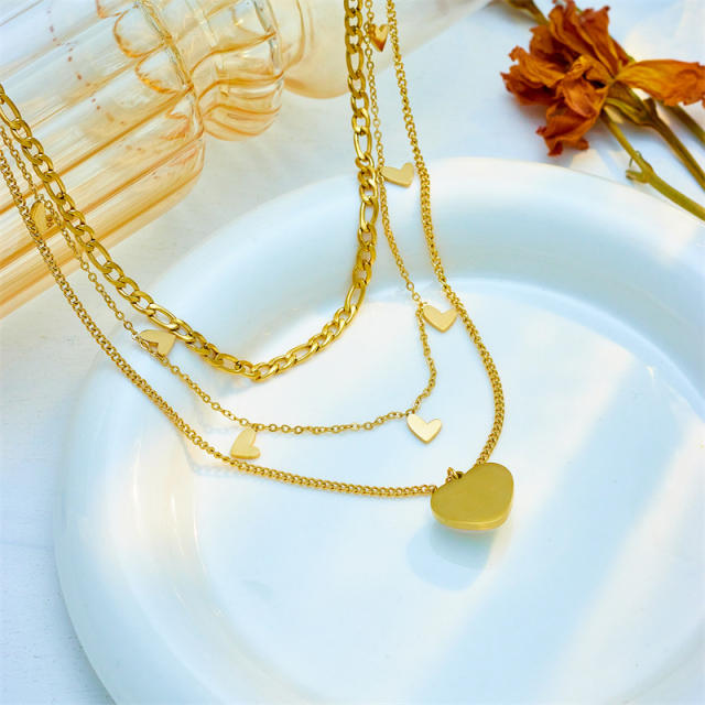 Multi-layer mix chain stacked Pearl love pendant jewelry stainless steel necklace