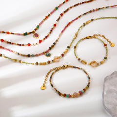 Boho colorful natrual stone bead stainless steel bracelet necklace set