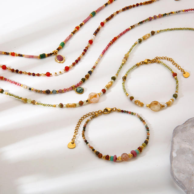 Boho colorful natrual stone bead stainless steel bracelet necklace set