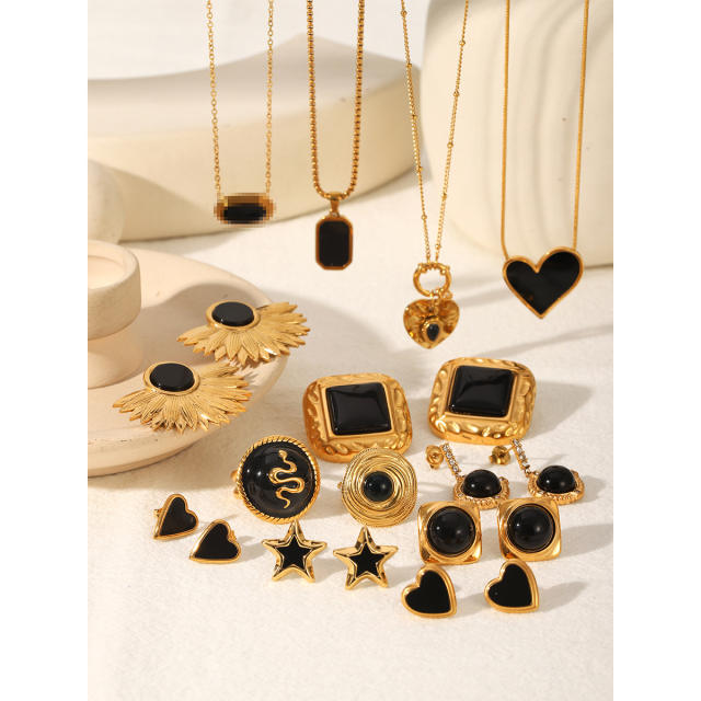 INS black color enamel stainless steel earrings necklace set