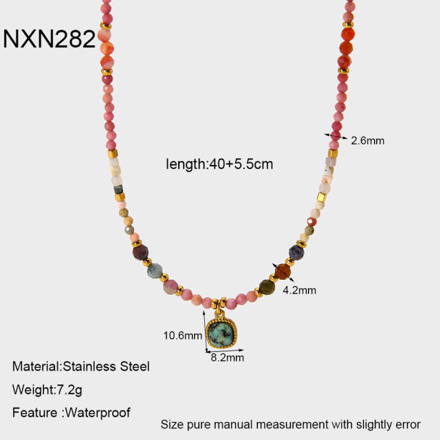 Boho colorful natrual stone bead stainless steel bracelet necklace set