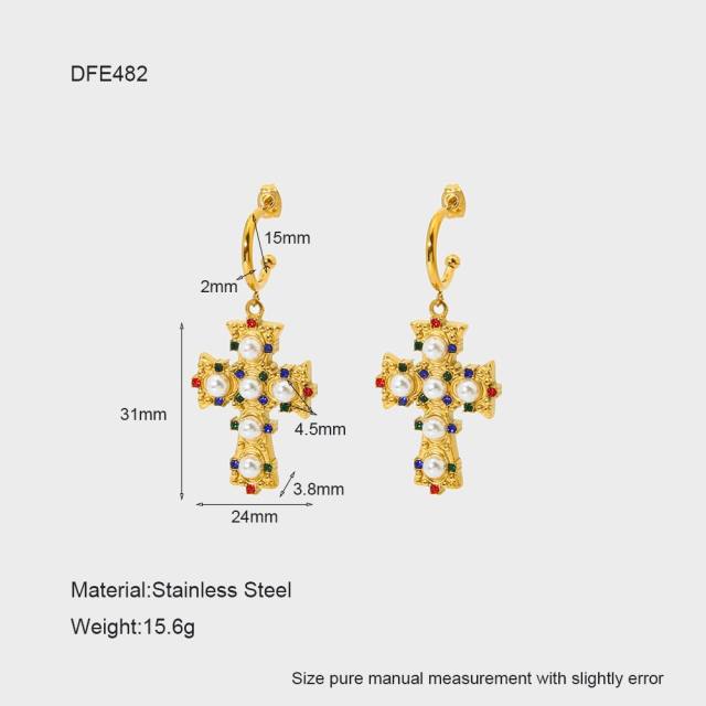 18KG baroque cross stainless steel earrings