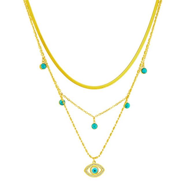 Fashion Multi-Layer Chain Turquoise Hollow Diamond Evil Eye Pendant stainless steel necklace