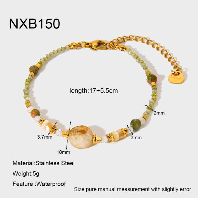 Boho colorful natrual stone bead stainless steel bracelet necklace set