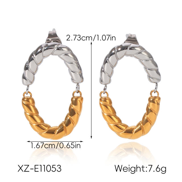 Unique hammer pattern mix color semicircle stainless steel earrings