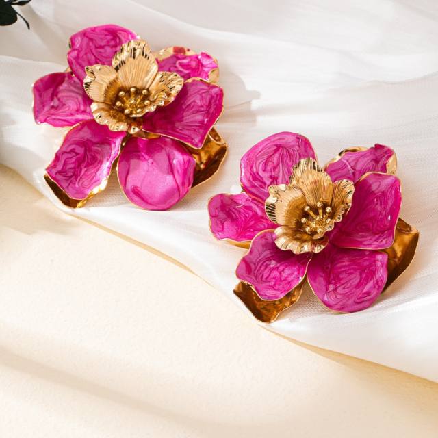 Sweet color enamel stereo flower oversize alloy earrings