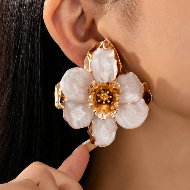 Sweet color enamel stereo flower oversize alloy earrings
