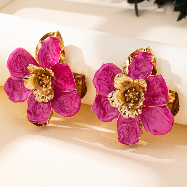 Sweet color enamel stereo flower oversize alloy earrings