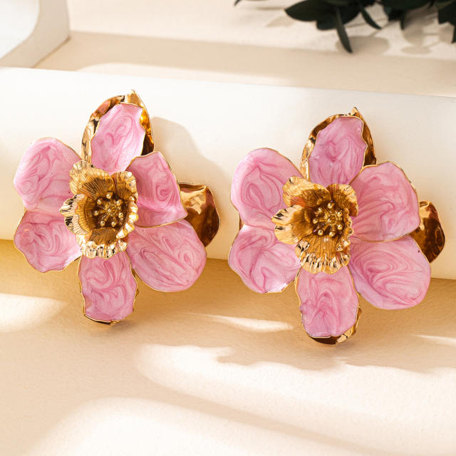 Sweet color enamel stereo flower oversize alloy earrings