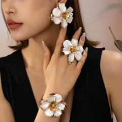 Elegant oversize enamel flower alloy bangle earrings rings set