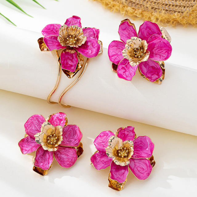 Elegant oversize enamel flower alloy bangle earrings rings set