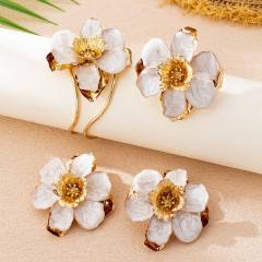 Elegant oversize enamel flower alloy bangle earrings rings set