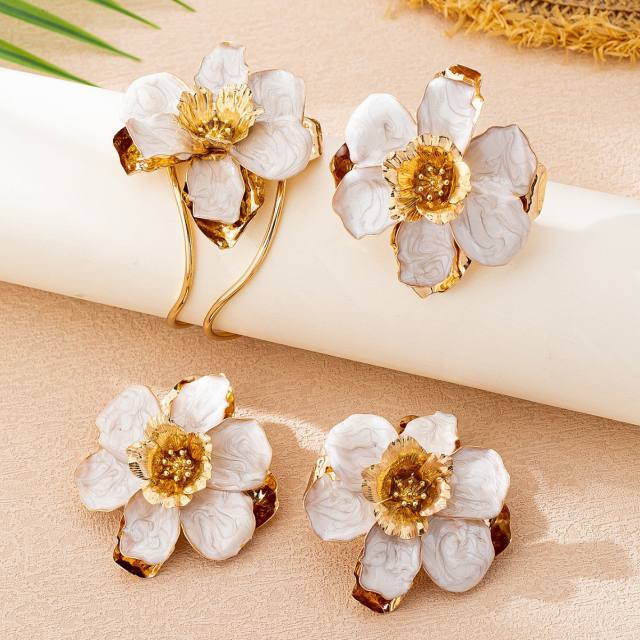 Elegant oversize enamel flower alloy bangle earrings rings set