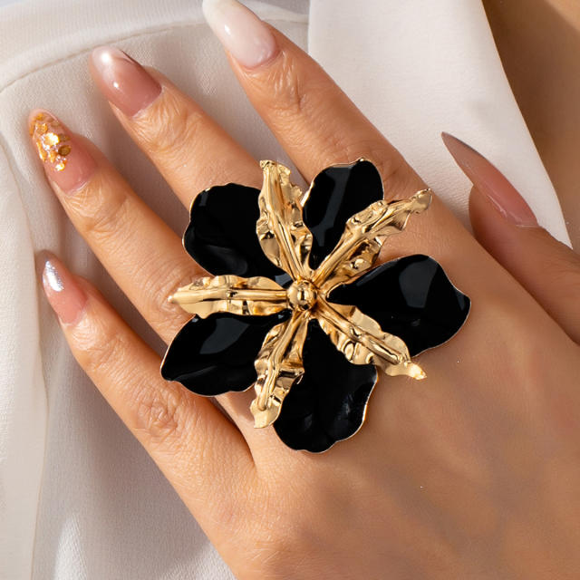 Oversize enamel flower metal finger rings for women