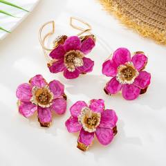 Elegant oversize enamel flower alloy bangle earrings rings set
