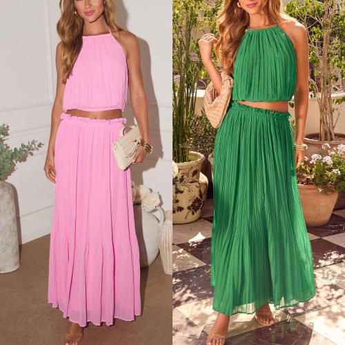 Spring 2026 New Women's Clothing Sexy Cut Out Pleated Halter Top Fashionable Elegant Skirt Suit for Women