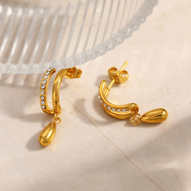 18KG double C shape diamond drop stainless steel earrings
