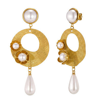 New design vintage pearl inlaid geometric circle stainless steel earrings