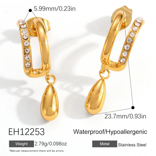 18KG double C shape diamond drop stainless steel earrings