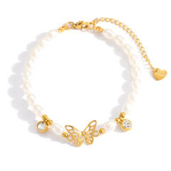 18KG earl spring hollow out butterfly pearl bead stainless steel bracelet