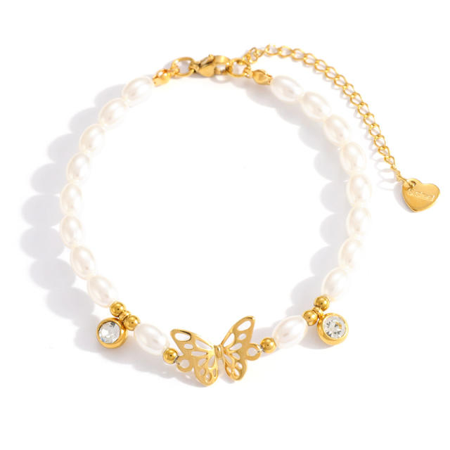 18KG earl spring hollow out butterfly pearl bead stainless steel bracelet