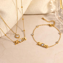 Mother's day diamond heart stainless steel necklace bracelet set