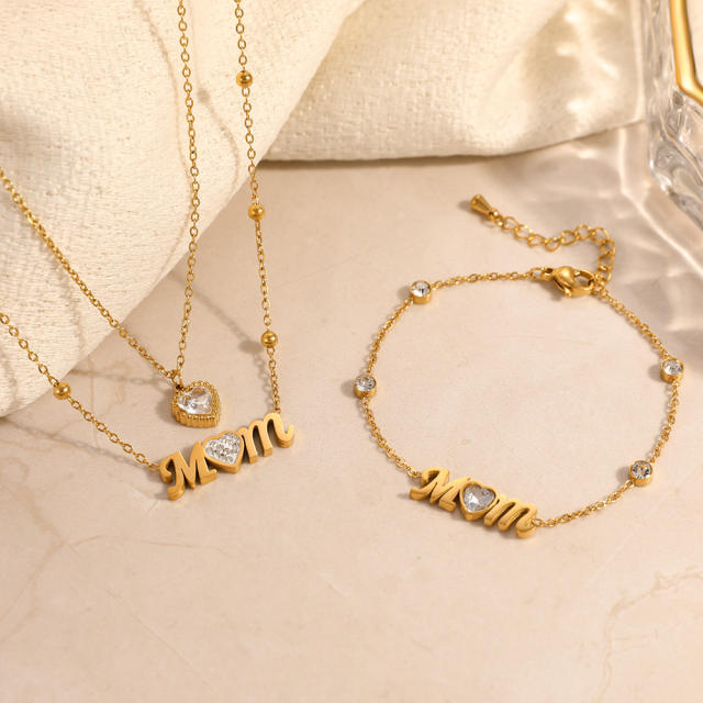 Mother's day diamond heart stainless steel necklace bracelet set