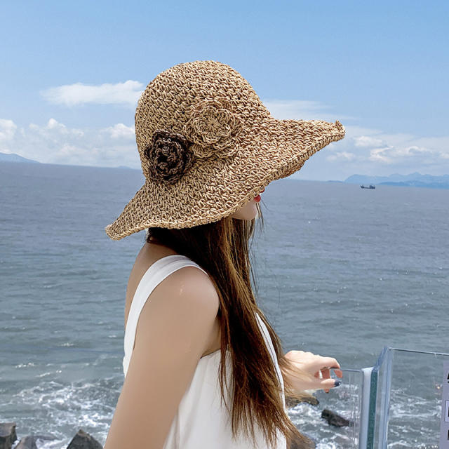Straw hat women's summer beach hat foldable sunscreen big eaves seaside hat