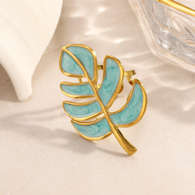 18KG color enamel Monstera deliciosa leaf shape stainless steel rings