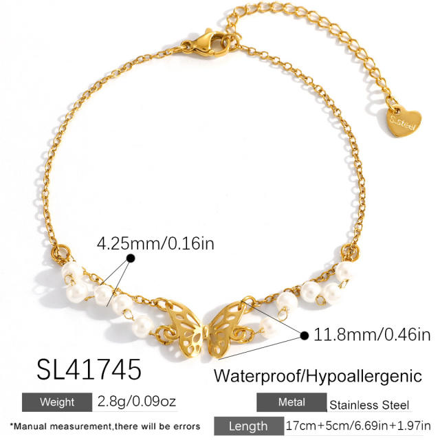 18KG earl spring hollow out butterfly pearl bead stainless steel bracelet