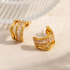 18KG double C shape diamond drop stainless steel earrings