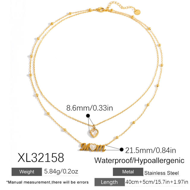 Mother's day diamond heart stainless steel necklace bracelet set