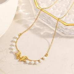 Elegant two layer pearl bead chain hollow out butterfly stainless steel necklace