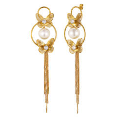Imitation pearl bead chain tassel butterfly stainless steel earrings