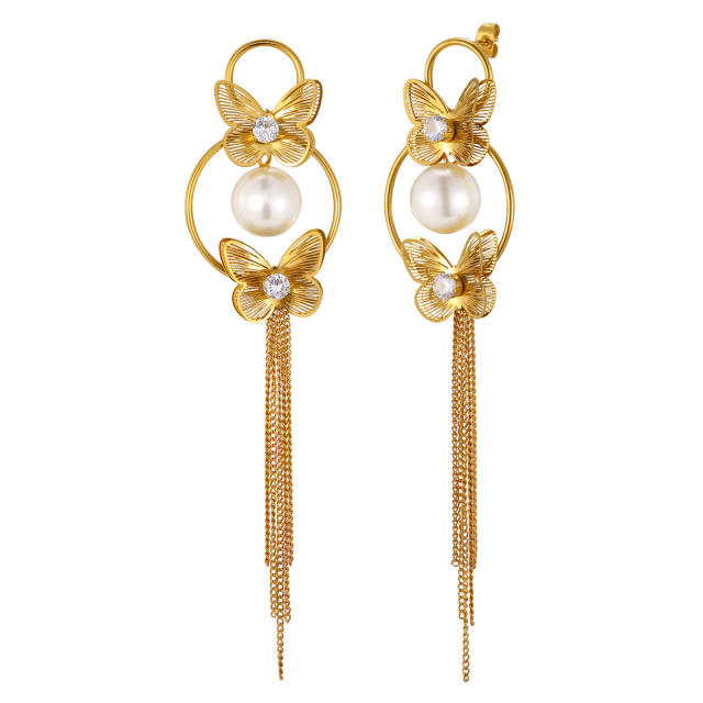 Imitation pearl bead chain tassel butterfly stainless steel earrings