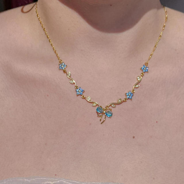Zircon Bow Necklace for Women Light Luxury Best Friend Clavicle Chain Color-Preserving Jewelry