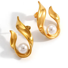 Elegant pearl inlaid unique drop shape stainless steel earrings