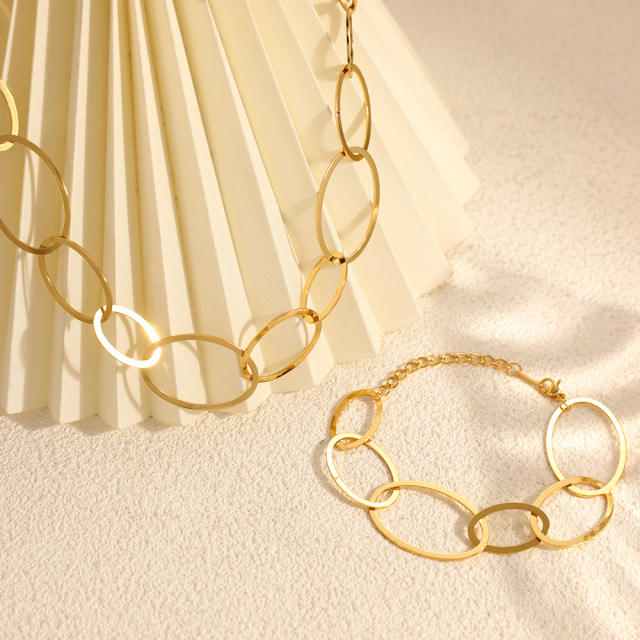Simple geometric Oval shape chain stainless steel necklace bracelet set