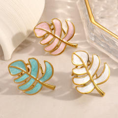 18KG color enamel Monstera deliciosa leaf shape stainless steel rings