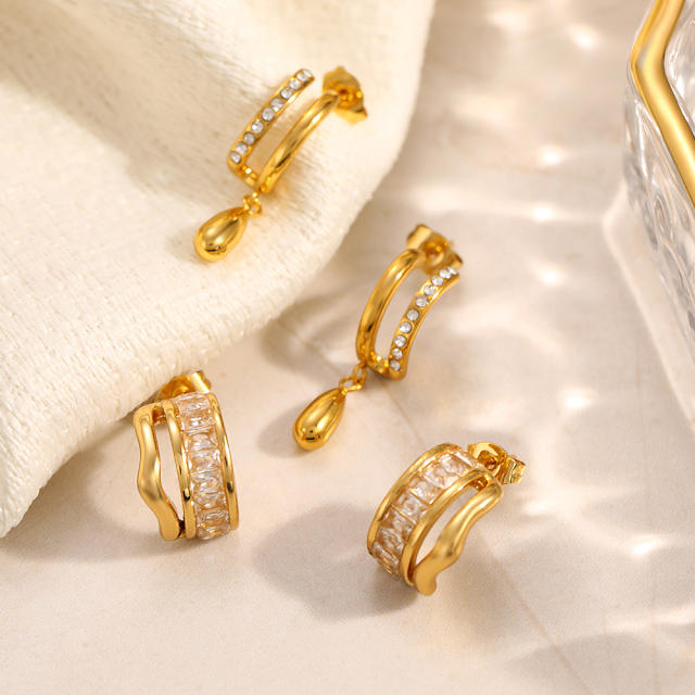 18KG double C shape diamond drop stainless steel earrings