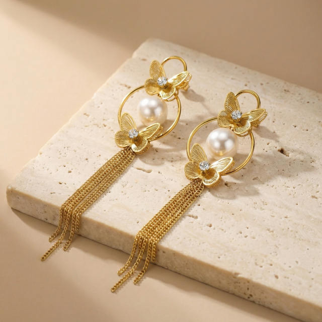 Imitation pearl bead chain tassel butterfly stainless steel earrings