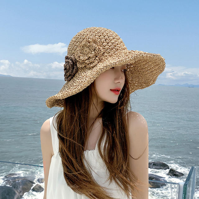 Straw hat women's summer beach hat foldable sunscreen big eaves seaside hat
