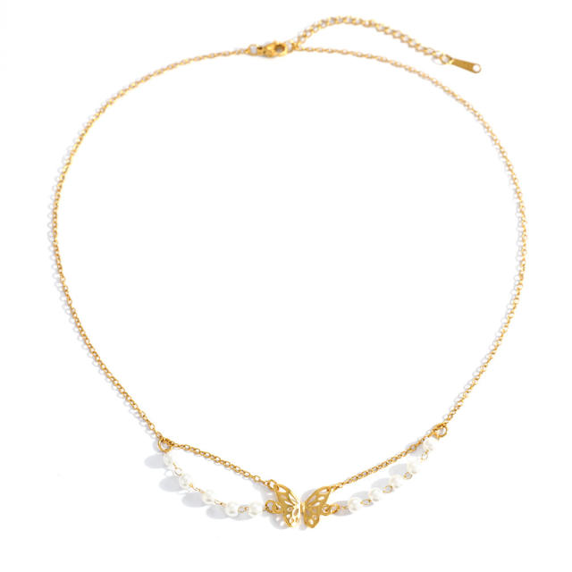 Elegant two layer pearl bead chain hollow out butterfly stainless steel necklace