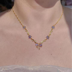 Zircon Bow Necklace for Women Light Luxury Best Friend Clavicle Chain Color-Preserving Jewelry