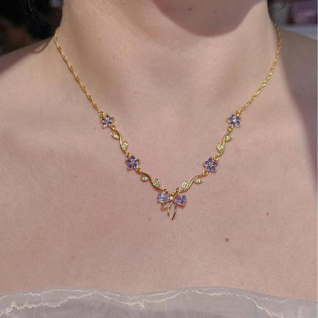 Zircon Bow Necklace for Women Light Luxury Best Friend Clavicle Chain Color-Preserving Jewelry