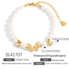 18KG earl spring hollow out butterfly pearl bead stainless steel bracelet