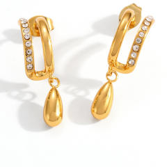18KG double C shape diamond drop stainless steel earrings