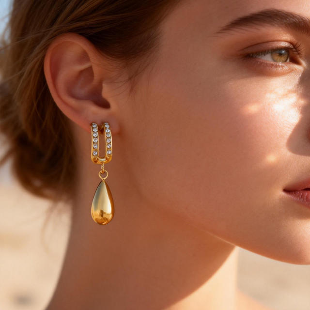 18KG double C shape diamond drop stainless steel earrings
